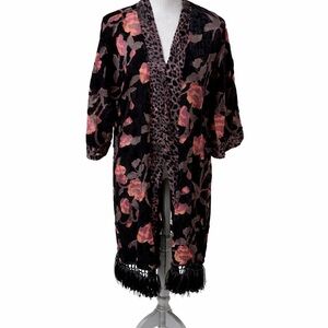 Missimi Burnout Velvet Floral Kimono Duster Leopard Trim Fringe Hem